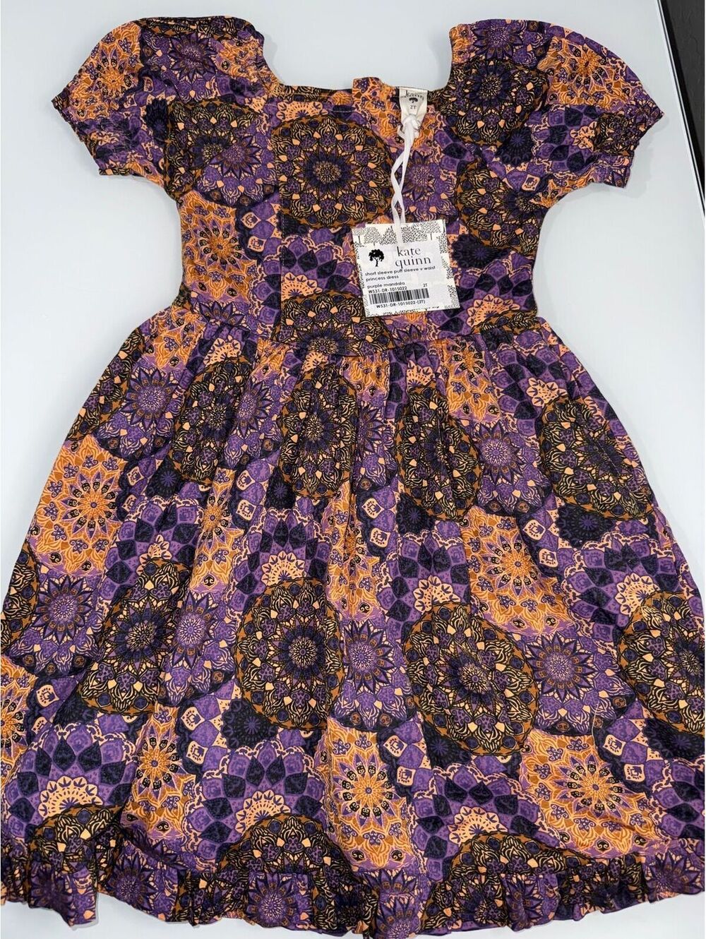 Kate Quinn NWT 2T SS puff sleeve v waist purple mandala dress (TL)